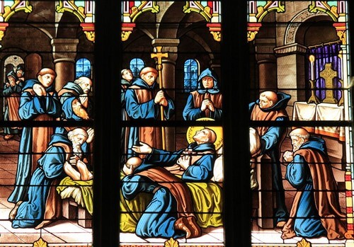 Mort de St Martin de Vertou en 601 à Durivum (St Georges de Montaigu) entouré de ses moines